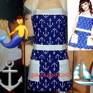 Sourpuss Retro Navy Sailor Nautical Pinup Apron w White Anchor Red Dots Pockets